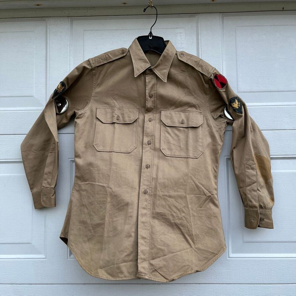 VTG 1950s US Army OG-107 Utility Shirt 7th Infantry Patch 15.5x32